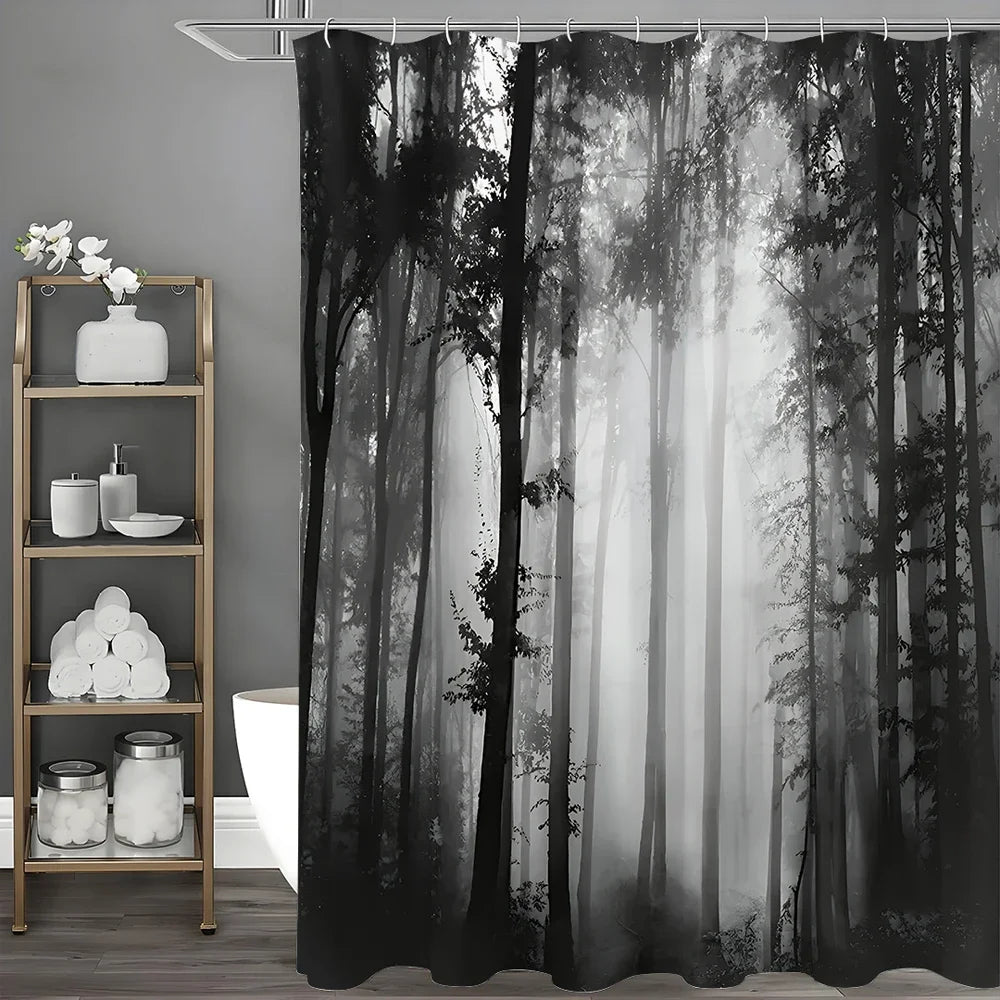 Black Tree Shower Curtain Misty Forest Waterproof Hooks