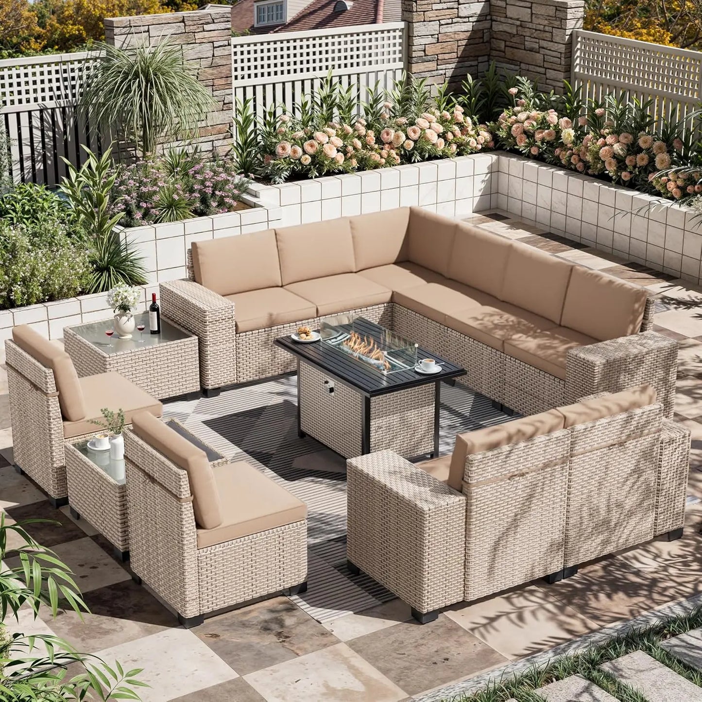 13 Piece Outdoor Wicker Patio Conversation Set With High Back Sectional Sofa