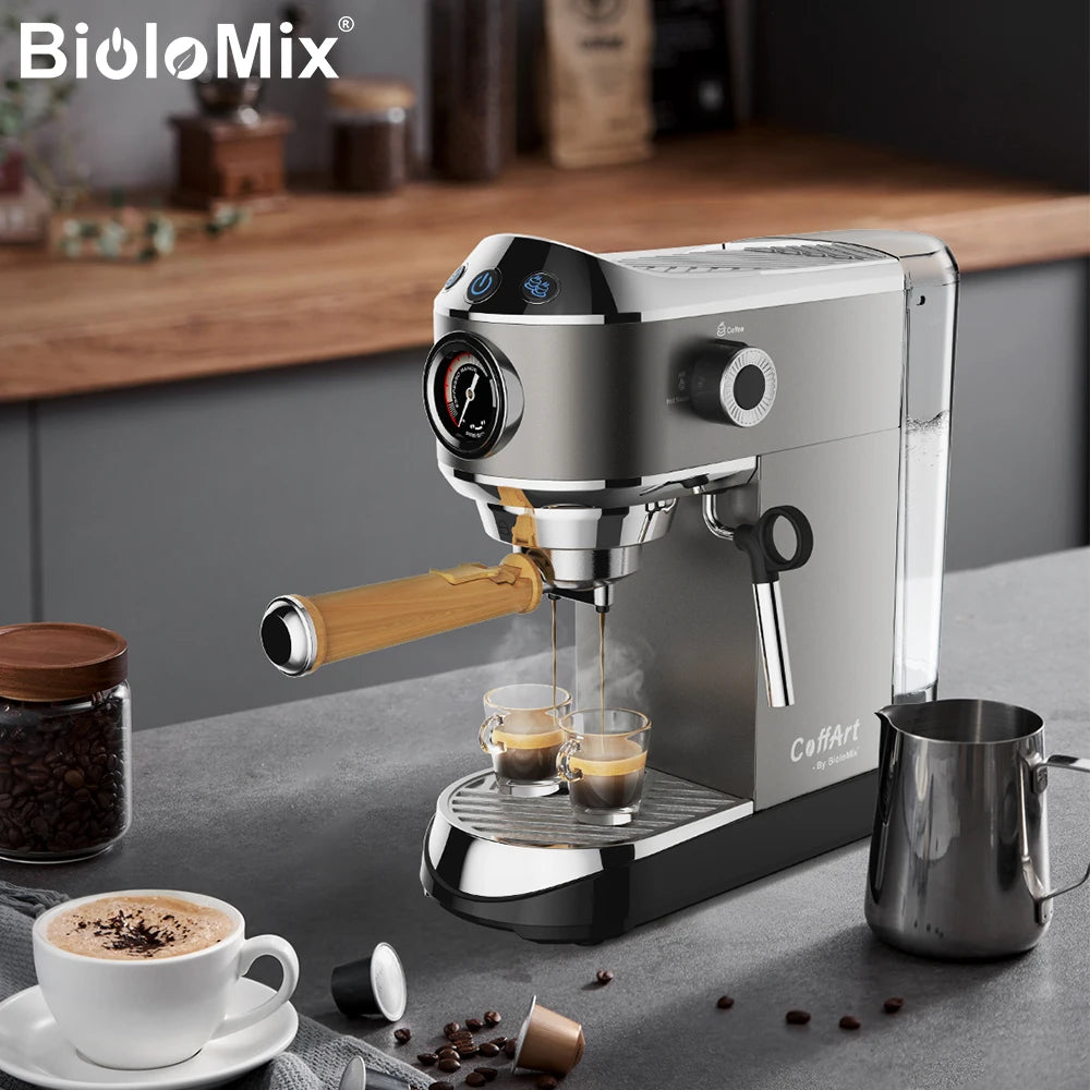 BioloMix 20 Bar Semi Automatic Powder Coffee Machine with Milk Steam Frother for Espresso Cappuccino Latte and Mocha