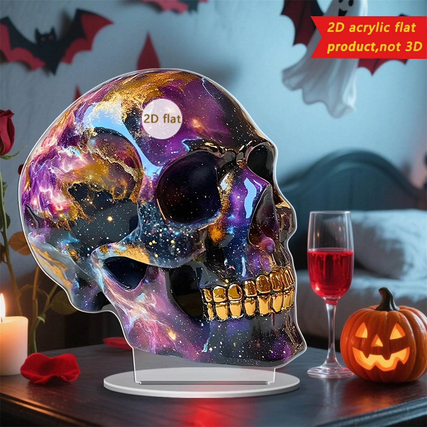 Spooky Halloween Skull Decorations Set of 3 2D Flat Acrylic Skeleton Head Ornaments for Home Holiday Party Tabletop Display
