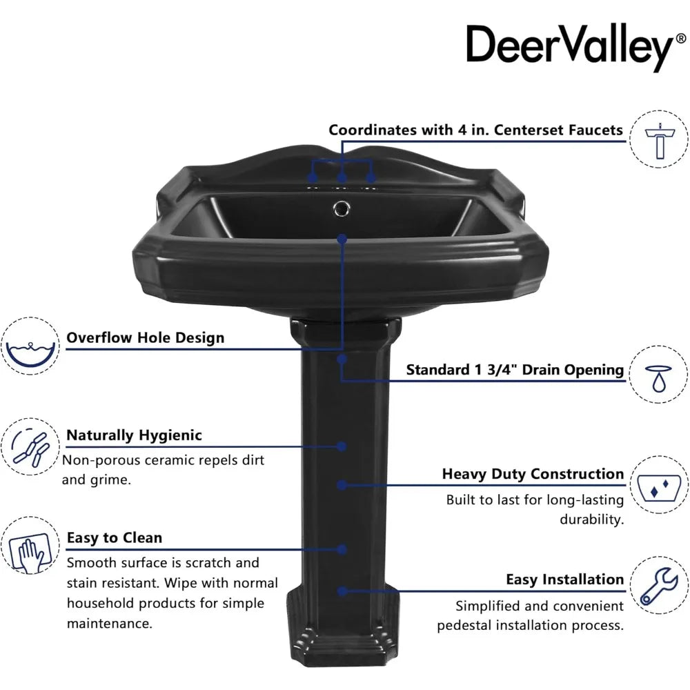 Black Ceramic Pedestal Sink Combo for Bathroom 23x19