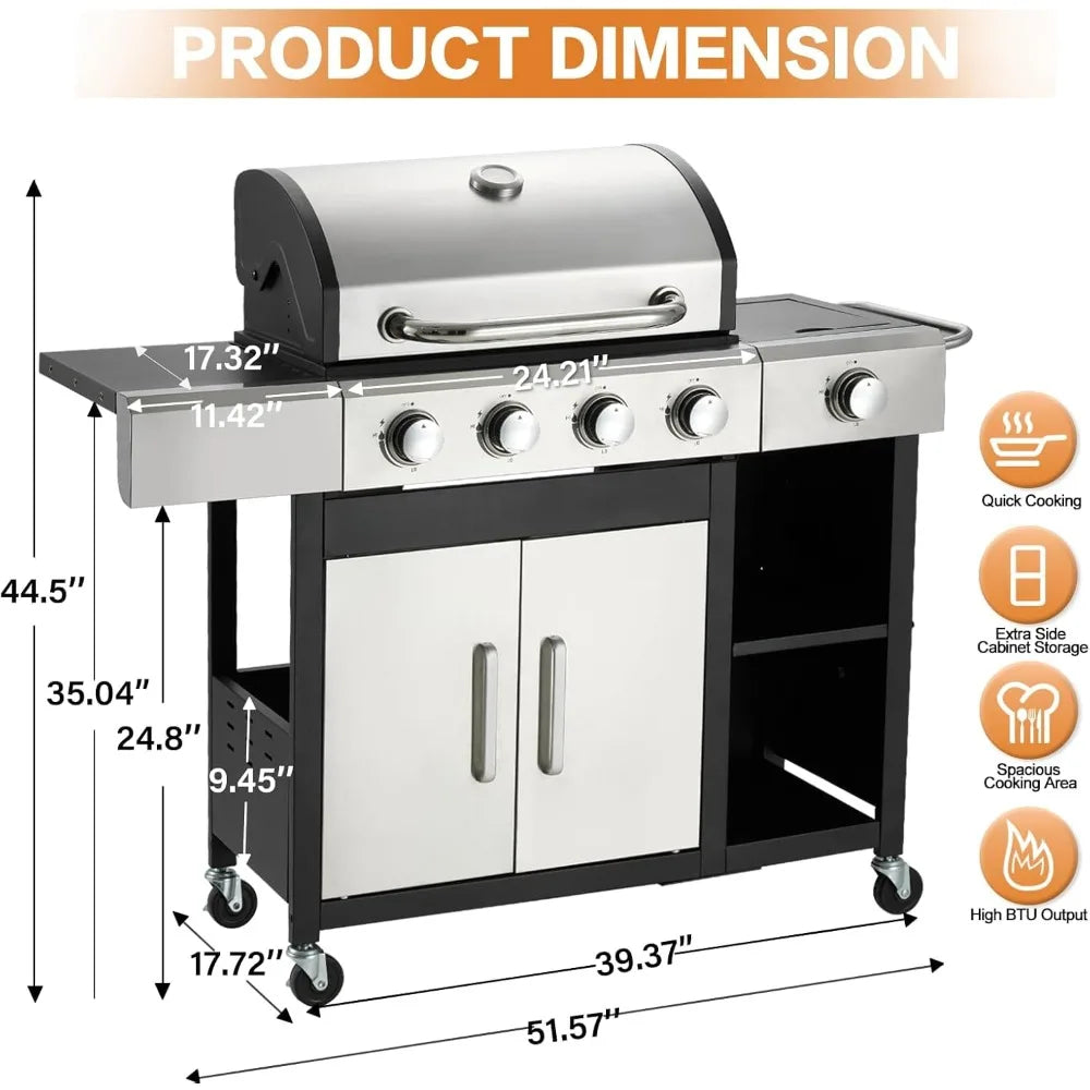 4 Burner Propane Gas Grill with Side Burner and Cabinet 49000 BTU Stainless Steel BBQ Grill Porcelain Enameled Cast Iron Grate