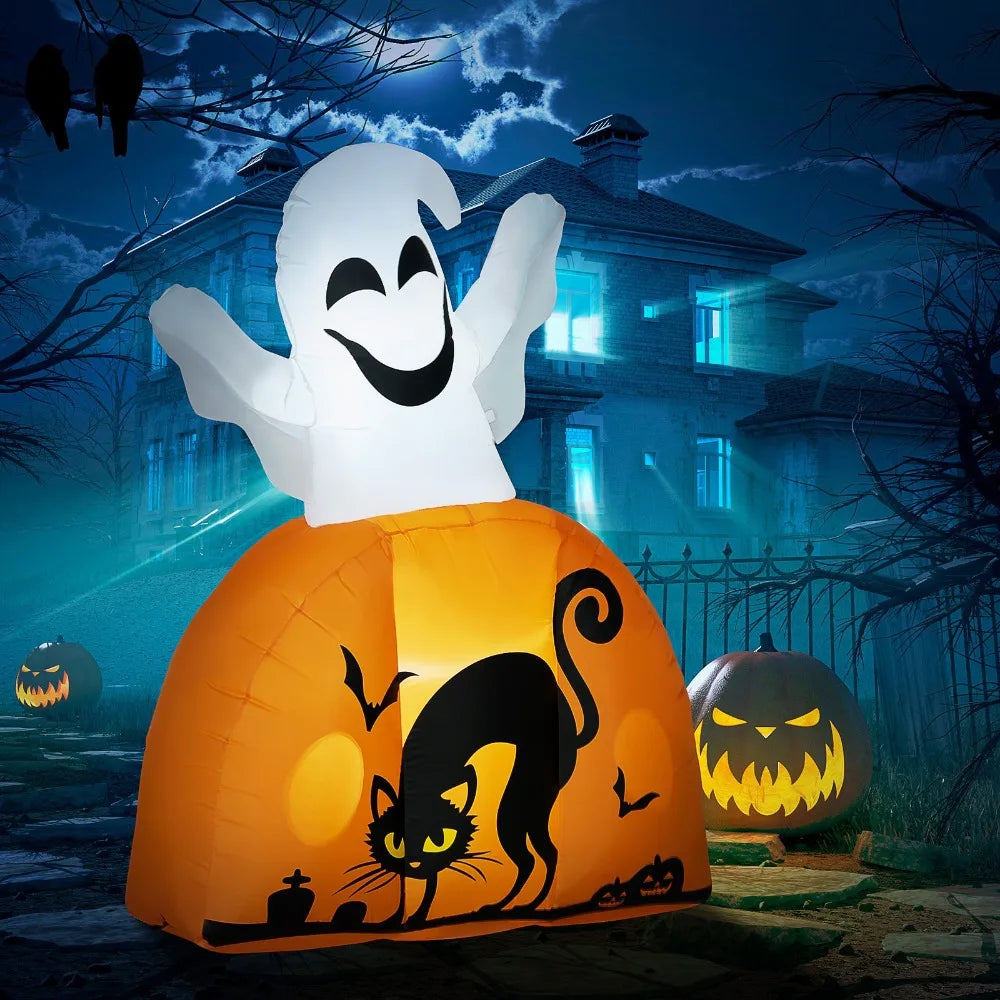 5Ft Halloween Inflatable Ghost With Pumpkin Base LED Lights