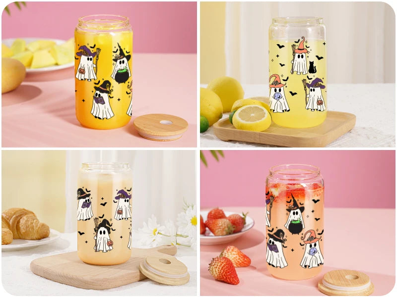 Witch Ghost Halloween Cup 16 Oz Glass Tumbler With Lids