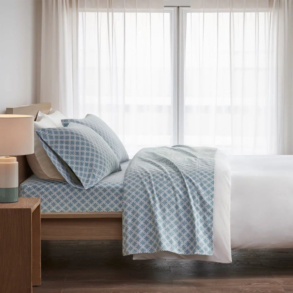 Queen Size Cotton Flannel Sheet Set 4 Piece Blue Geometric