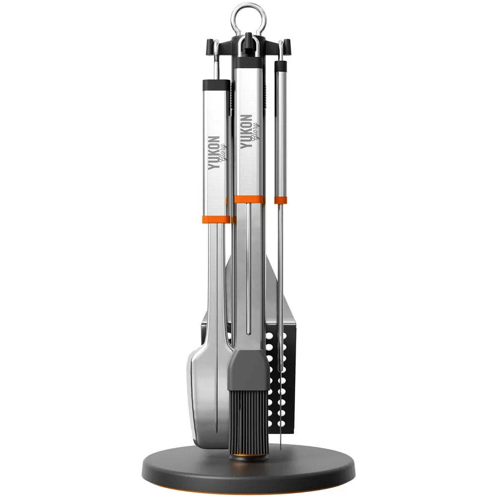 Stainless Steel BBQ Tool Set with Rotating Stand Drip Tray Spatula Tongs Fork Brush Portable Grill Kit