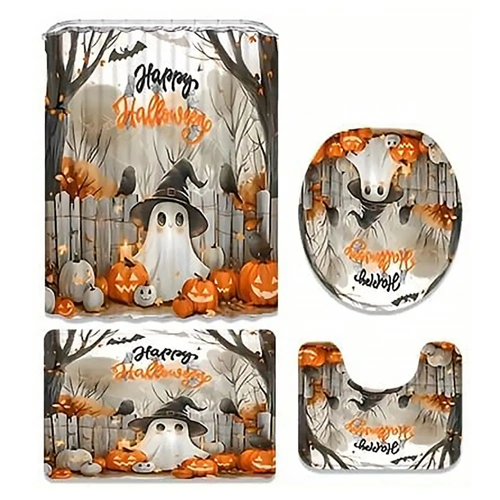 Cute Cartoon Ghost Shower Curtain Set Halloween Bath Decor