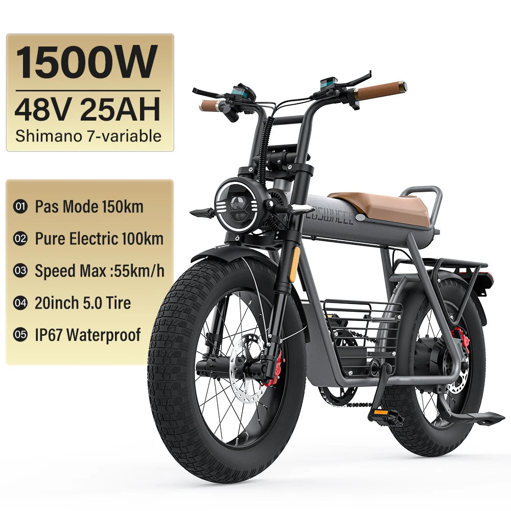 Coswheel Electric Bike CT20S 2000W Motorcycle Dirt Bike Ebike 20 Inch Fat Tire Bicycle 60V 27.5Ah Adult Electric Bicycle