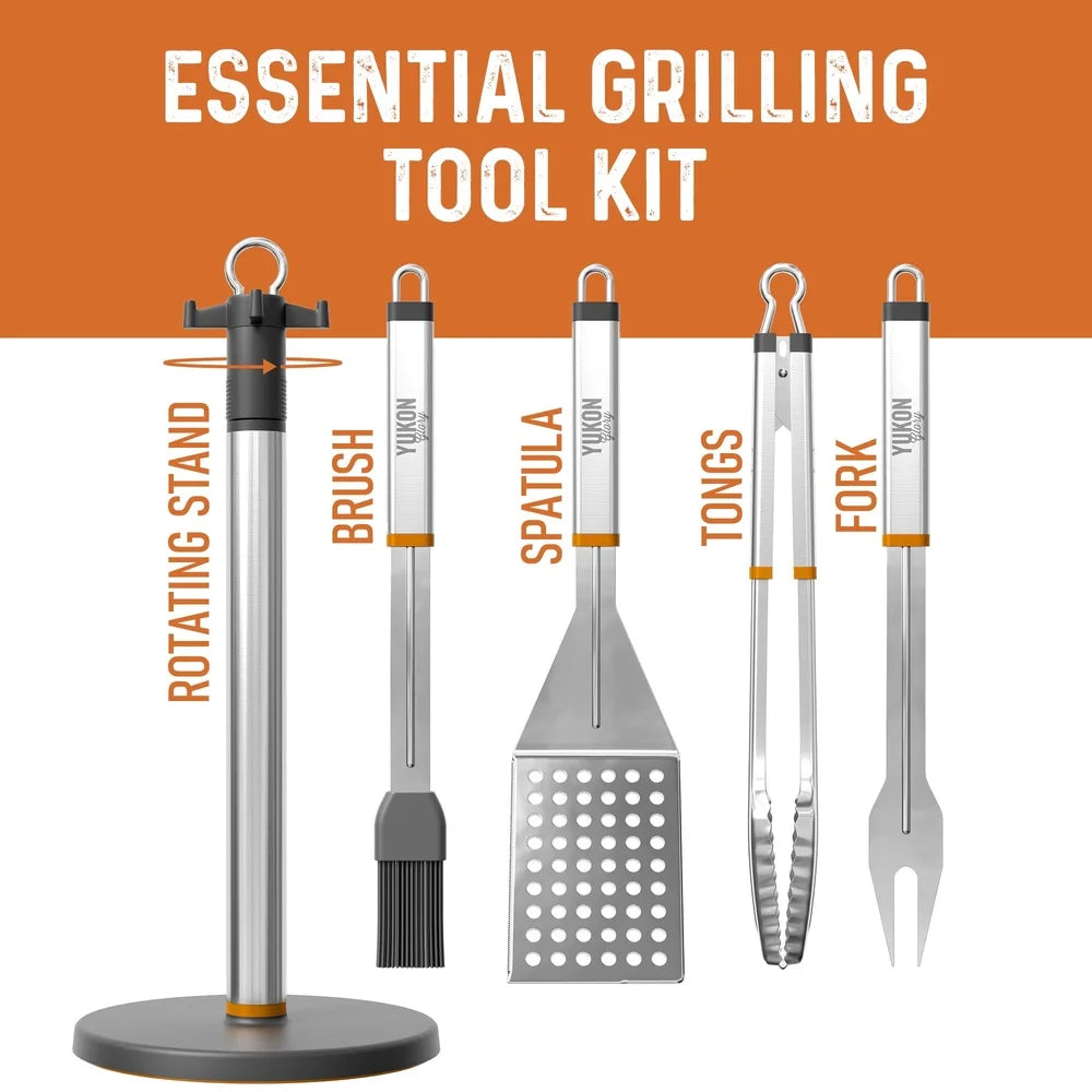 Stainless Steel BBQ Tool Set with Rotating Stand Drip Tray Spatula Tongs Fork Brush Portable Grill Kit