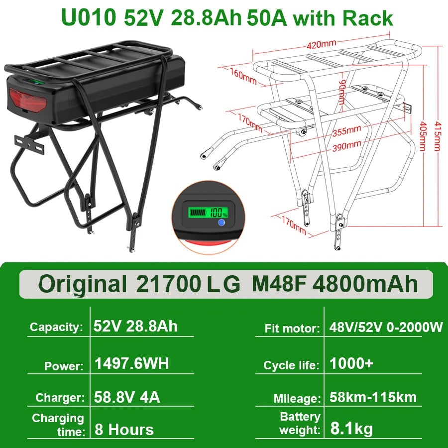 Rear Rack EBike Battery 52V 48V 27Ah 24 28 Inch Optional