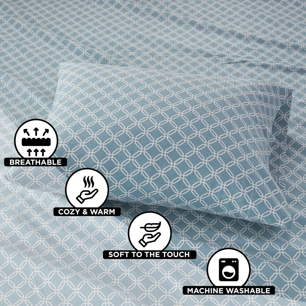 Queen Size Cotton Flannel Sheet Set 4 Piece Blue Geometric