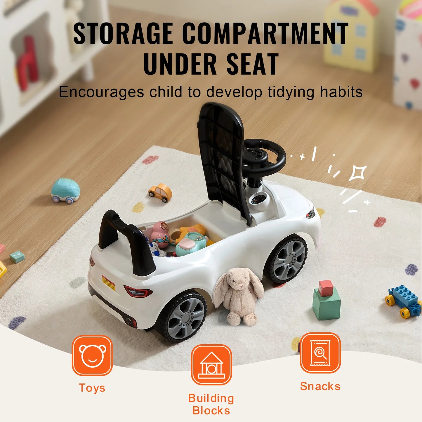 SucceBuy White Pink Ride On Push Car Classic Kids Sports Toy Car with Music Steering Wheel for Toddlers