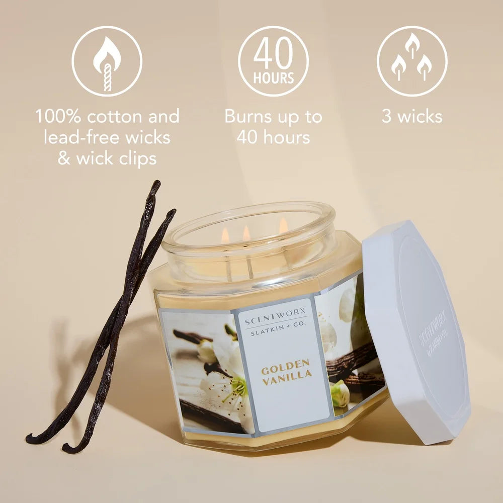 Golden Vanilla Scented Candle 14.5 Oz With 3 Cotton Wicks