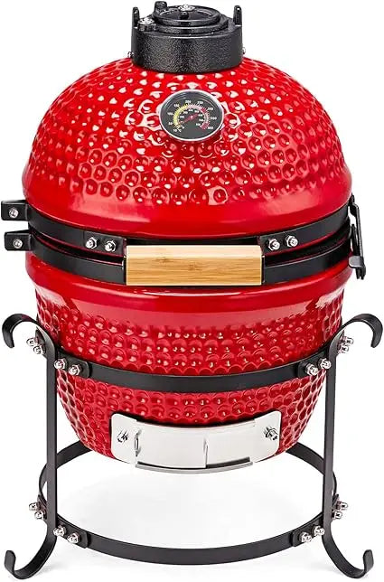 13 Inch Red Spherical Ceramic Charcoal Grill with Inner Liner Portable BBQ Smoker for Outdoor Cooking Camping and Backyard Grill