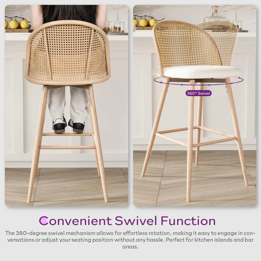 Set of 4 Rattan Swivel Bar Stools 29 White Faux Leather