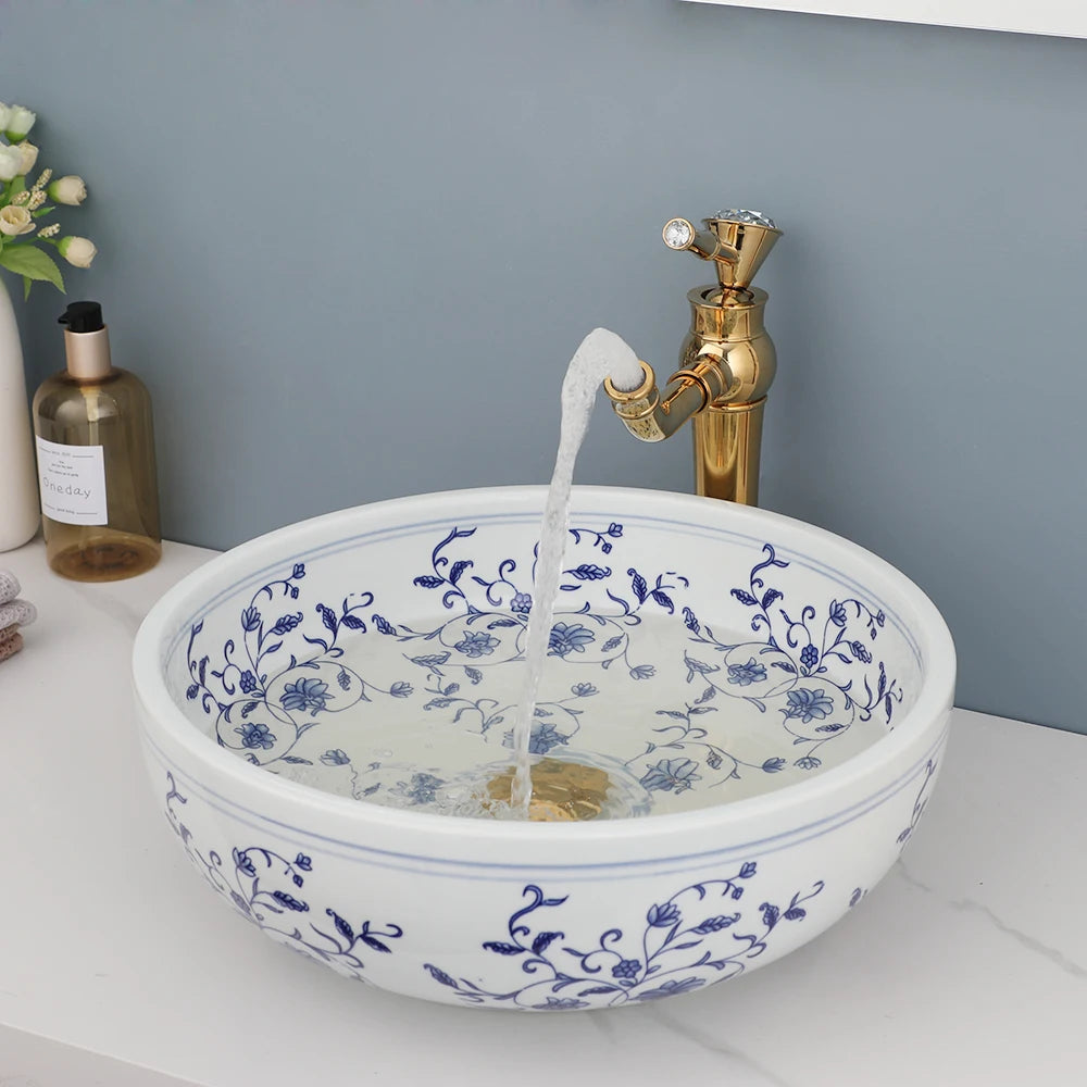 Hand Painted Ceramic Round Bathroom Basin Sink With Faucet