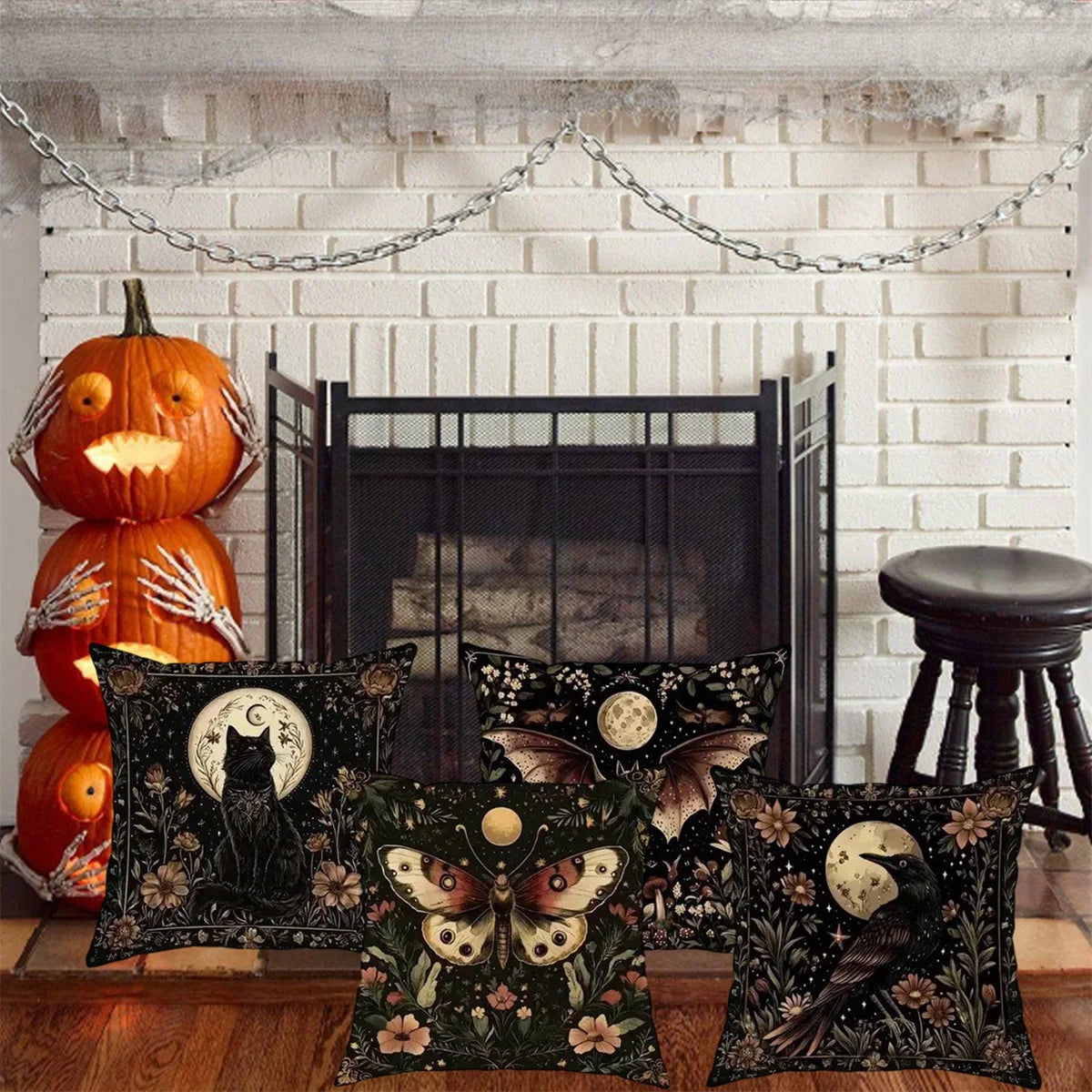 Spooky Halloween Pumpkin Ghost Spider Throw Pillow Cover