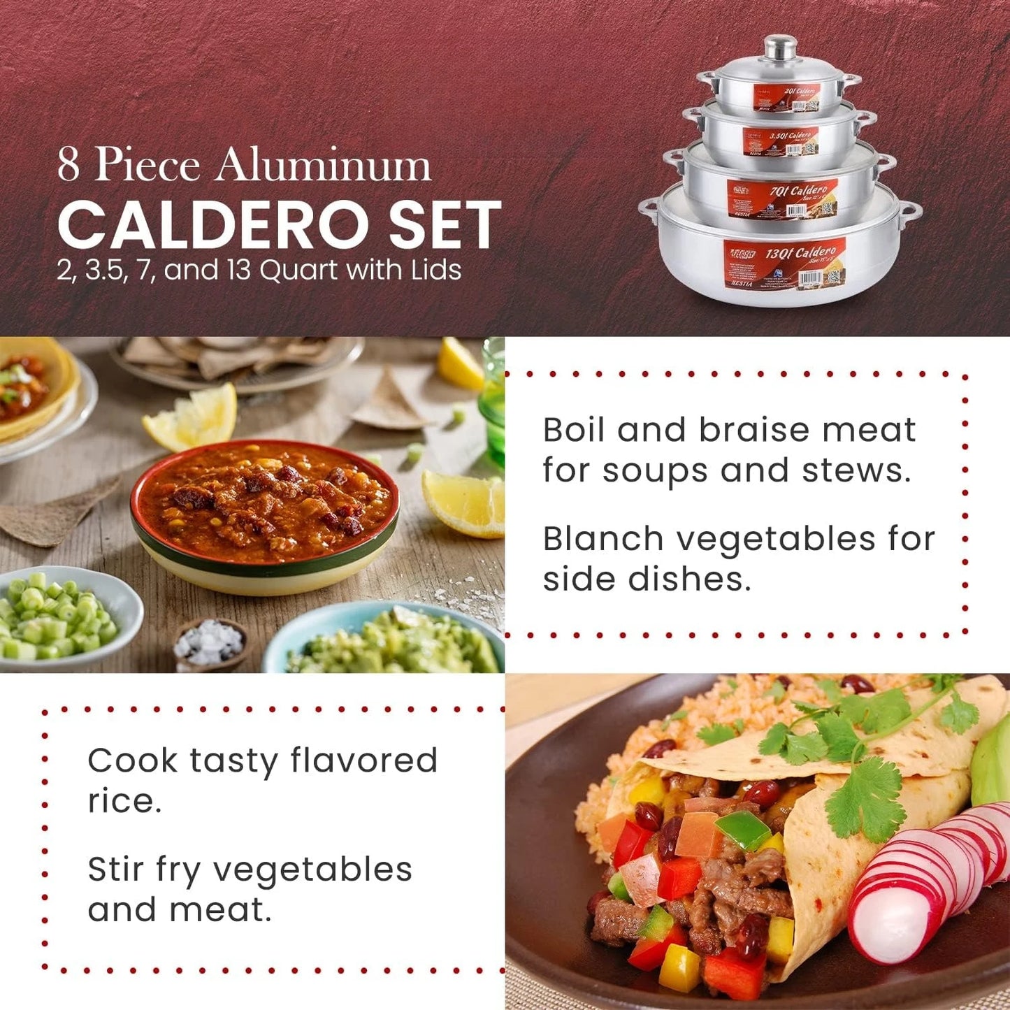 8 Piece Aluminum Caldero Set Durable Nonstick Stock Pots with Lids Versatile Dutch Oven Cookware for Everyday Home Cooking