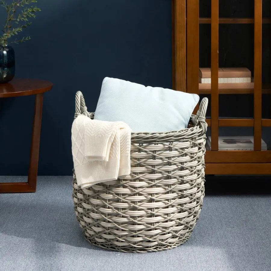 Zita Resin Woven Storage Basket With Handles White Gray
