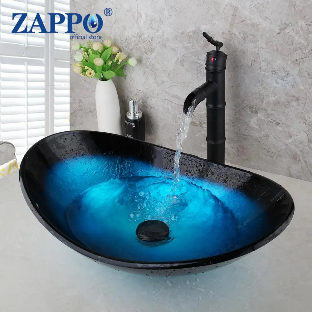 ZAPPO Tempered Glass Vessel Sink With Waterfall Faucet Blue