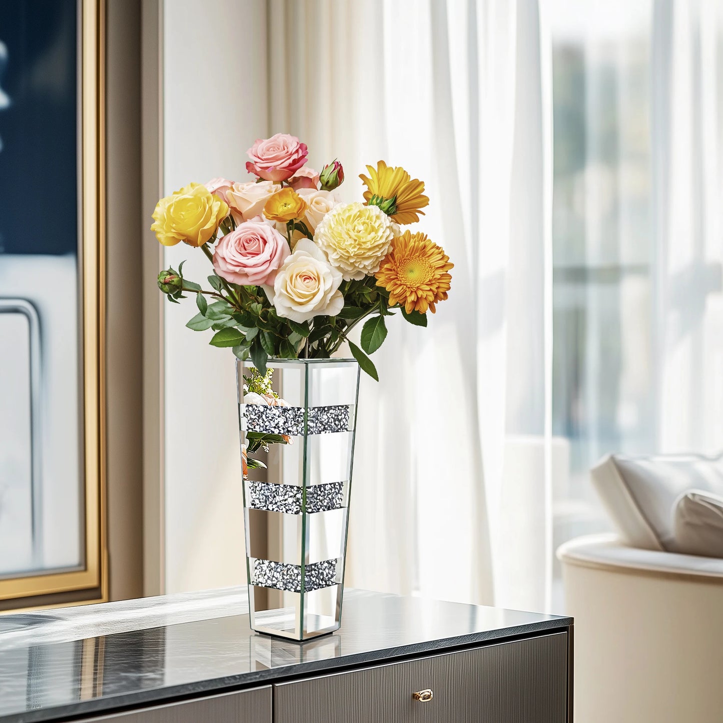 Tall Floor Mirror Vase Large Crushed Diamond Glass Vase for Home Decor Modern Crystal Centerpiece for Living Room Wedding Hotel