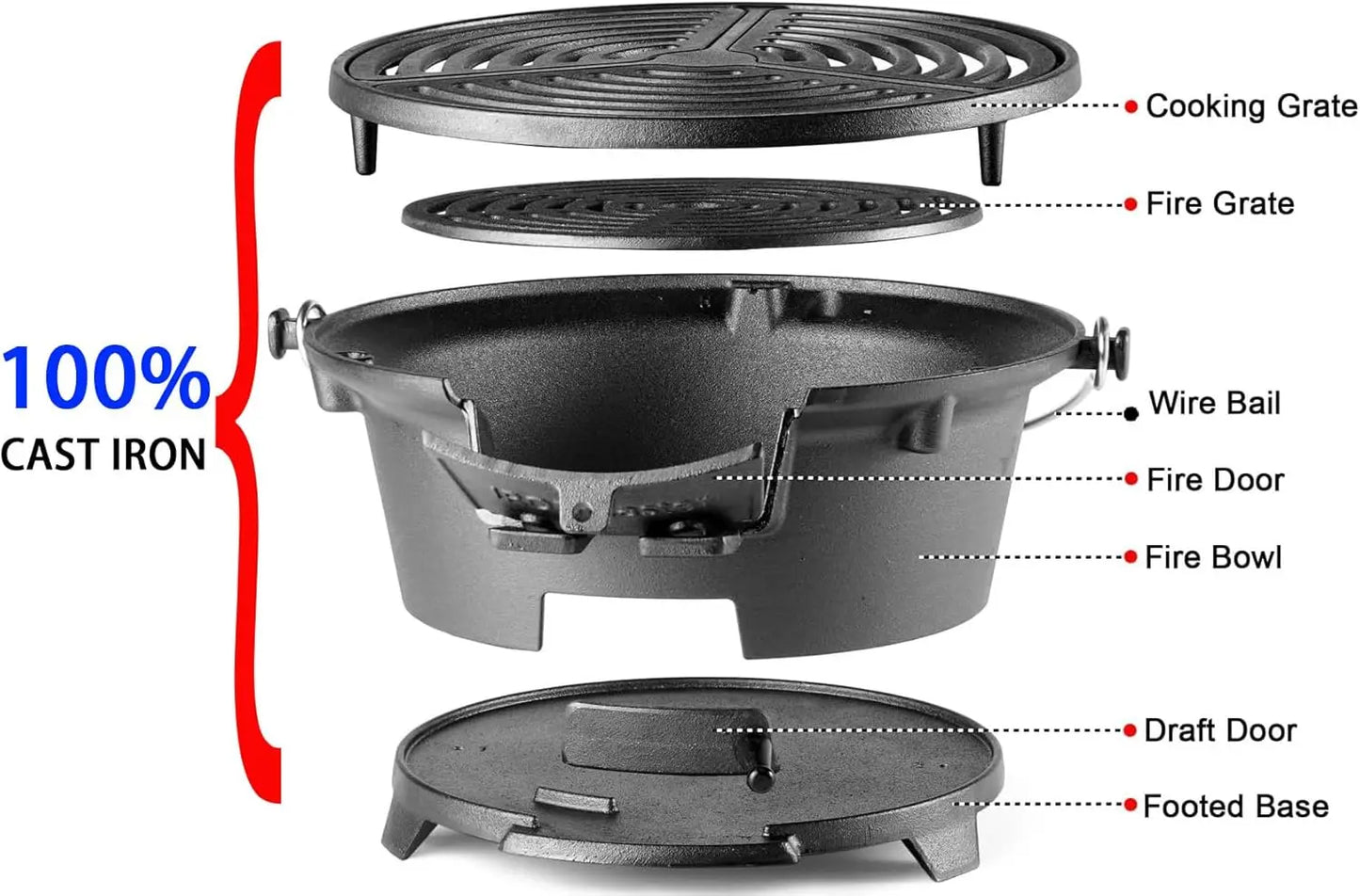 Hibachi Grill Outdoor Cast Iron Mini Portable Charcoal Grill for Camping Adjustable Height Black