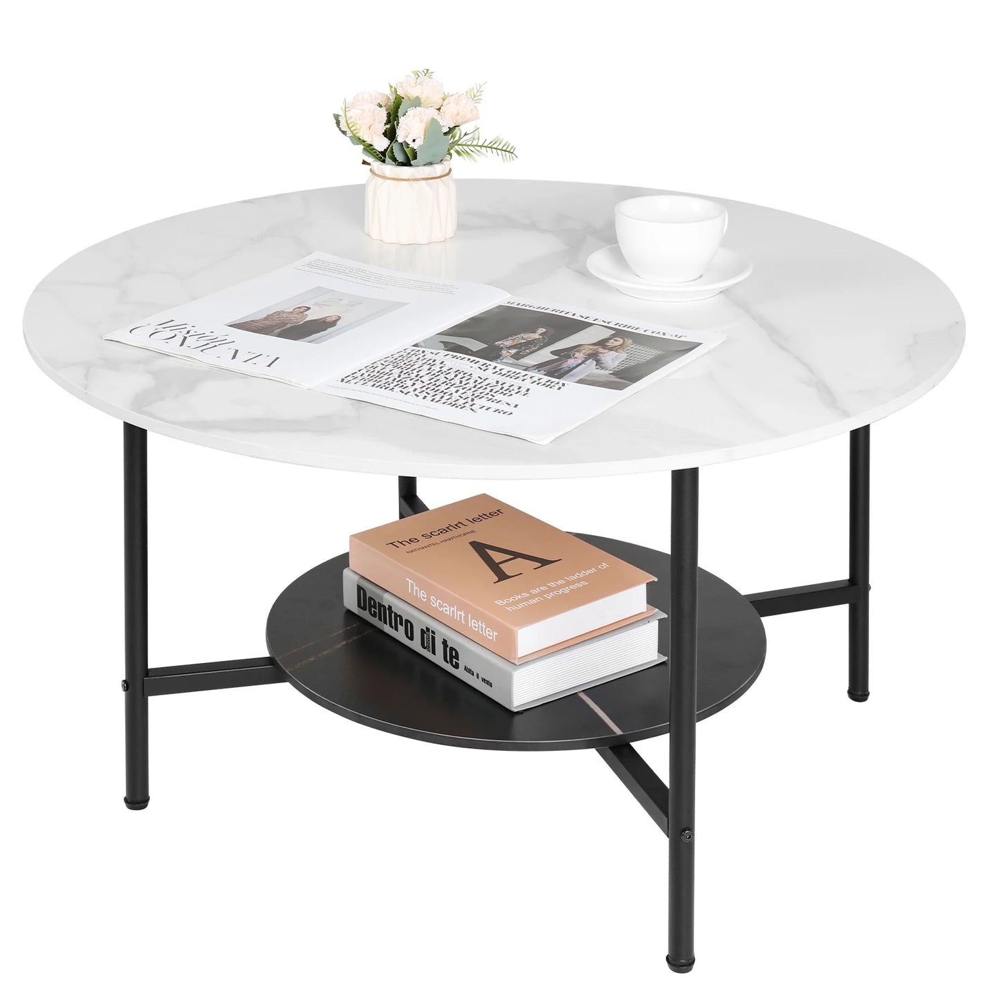 2 Tier Round Coffee Table Sintered Stone With Metal Frame