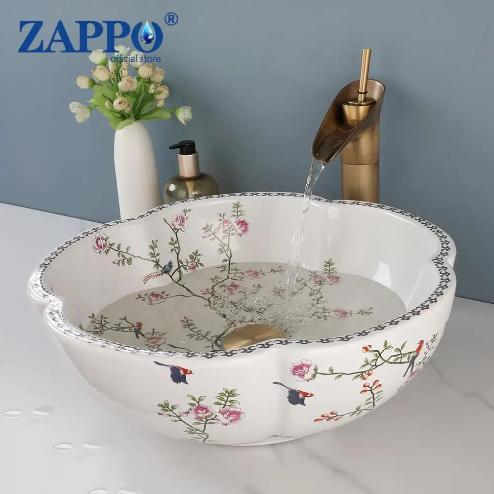 ZAPPO Ceramic Sink Above Counter Round Petal Pattern Faucet