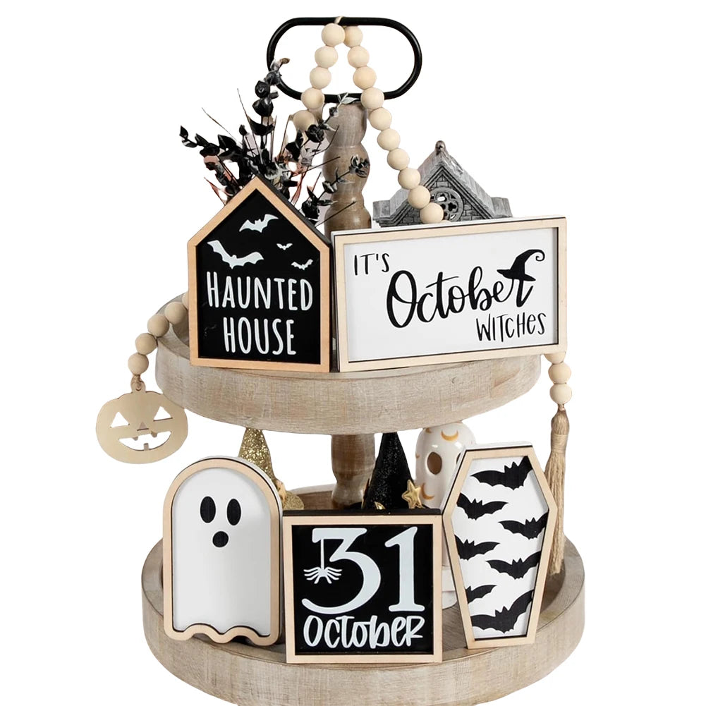 6Pcs Bat Coffin Ghost Wooden Sign Halloween Theme Party Home Decor Tiered Tray Decoration