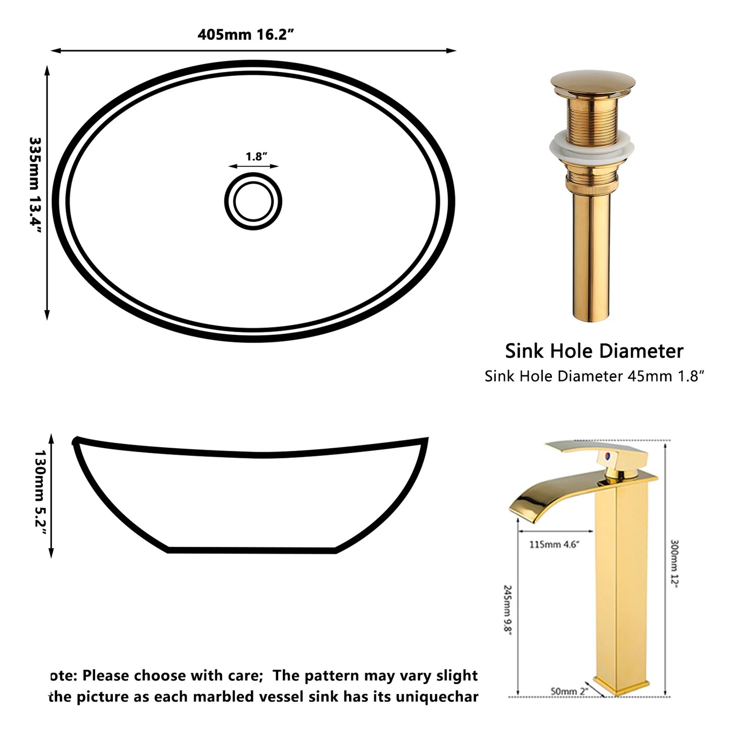 ZAPPO Marbling Rectangle Vessel Sink With Faucet Drain