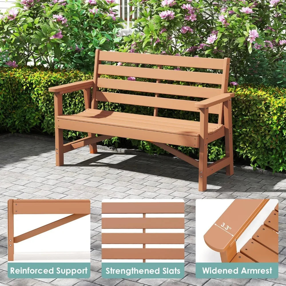 Ivy Lane Outdoor Bench HDPE Plastic 2-Person Weatherproof Teak Garden Bench For Patio Park Porch Backyard