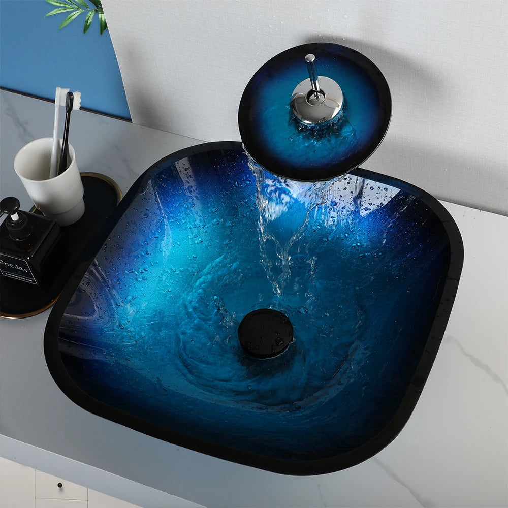 ZAPPO Tempered Glass Vessel Sink With Waterfall Faucet Blue