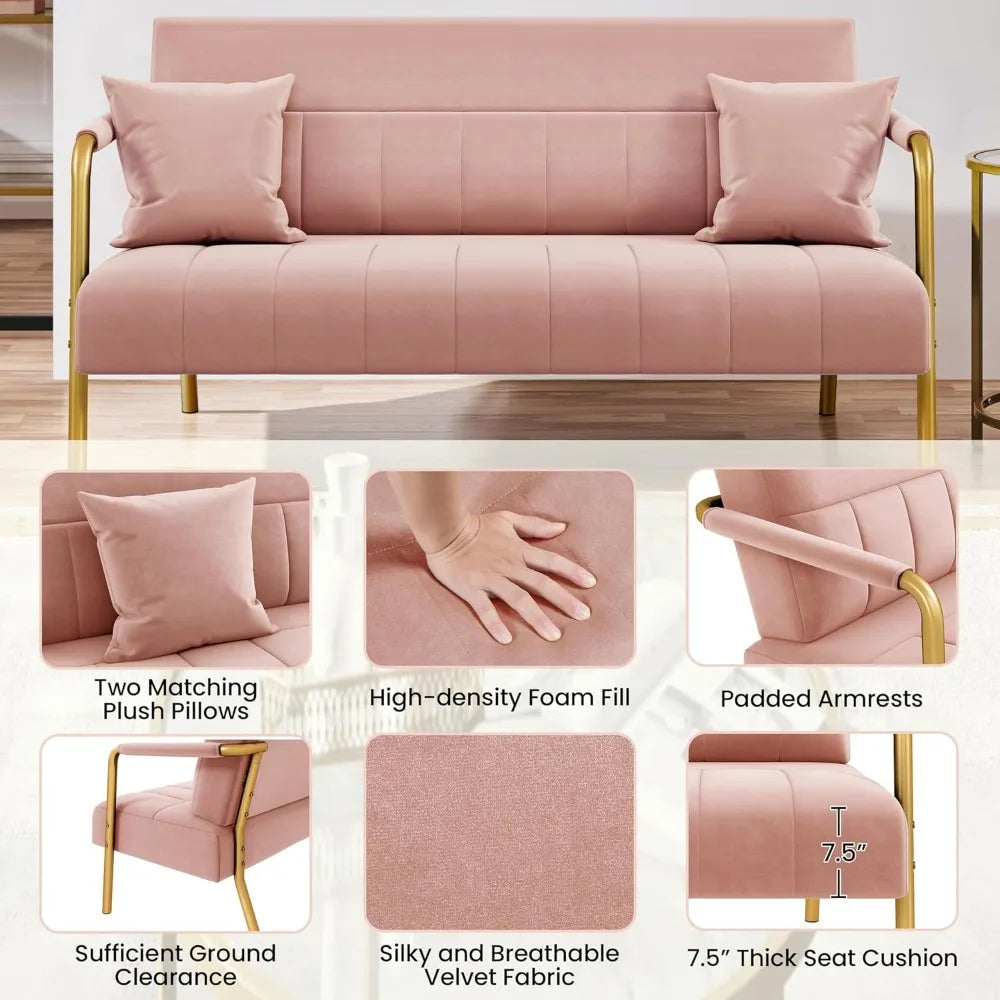 Lux Velvet Sofa With Gold Tone Arms And Legs Living Room