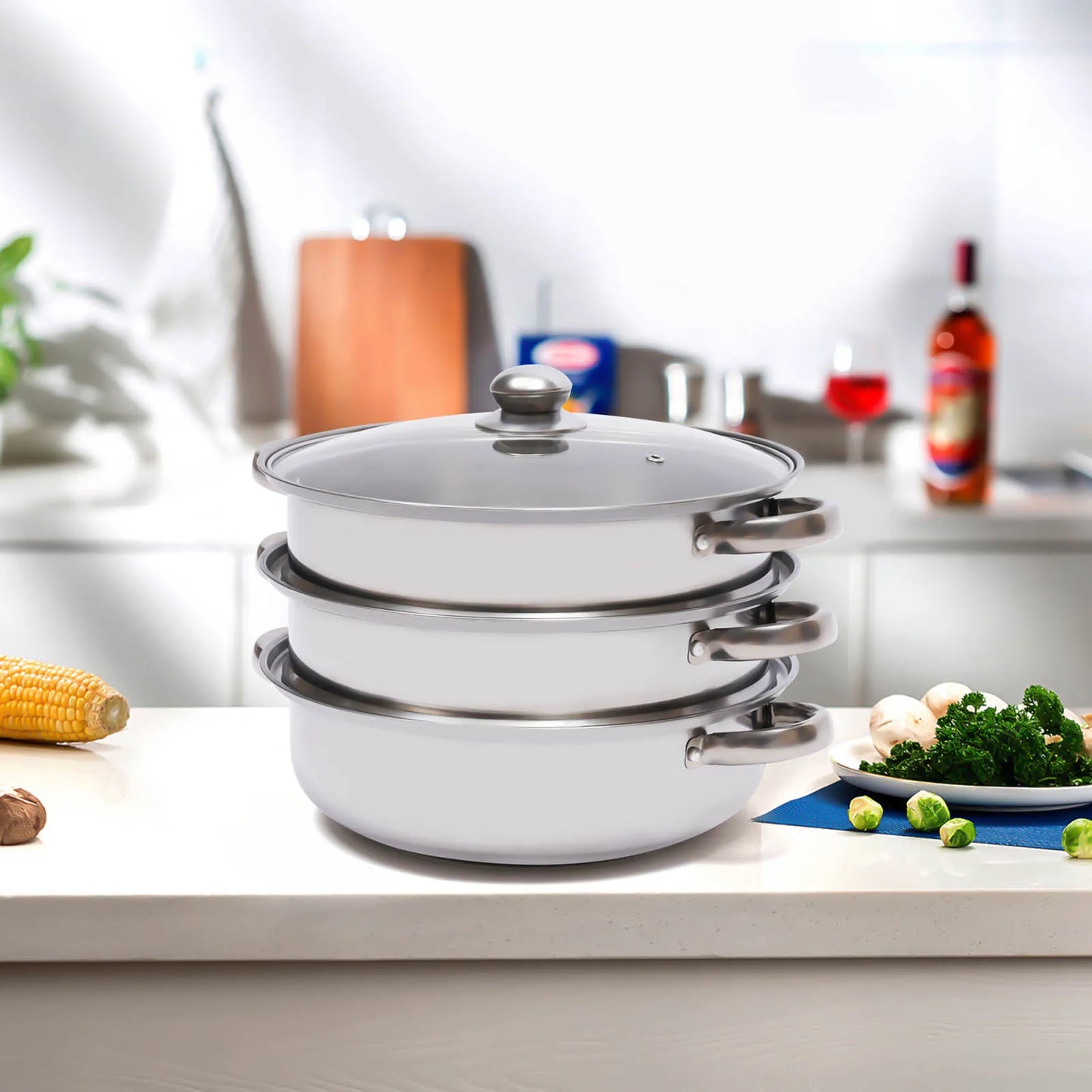 11 Inch 3 Tier Large Stainless Steel Steamer Pot Set with Glass Lid