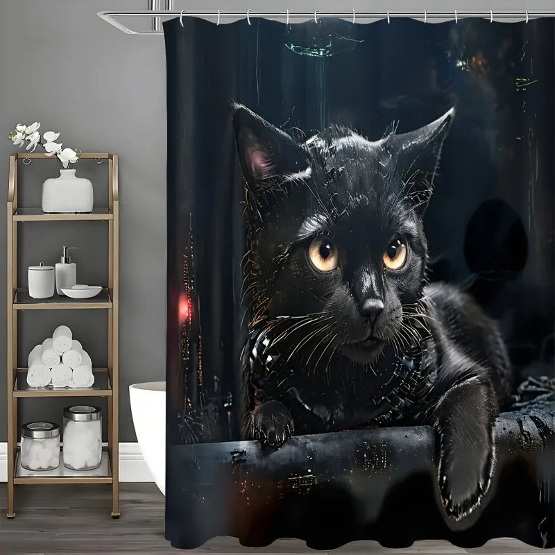 Cute Cat Shower Curtain Waterproof With 12 Hooks Bath Decor