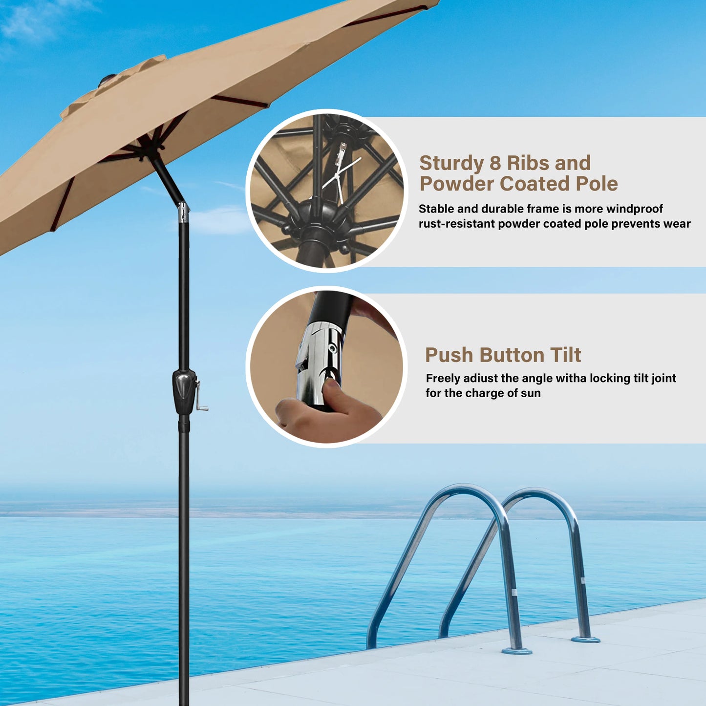 9 Ft Outdoor Patio Umbrella Market Table Umbrella With 8 Sturdy Ribs Push Button Tilt And Crank Waterproof UV Resistant Polyester For Garden Yard Pool