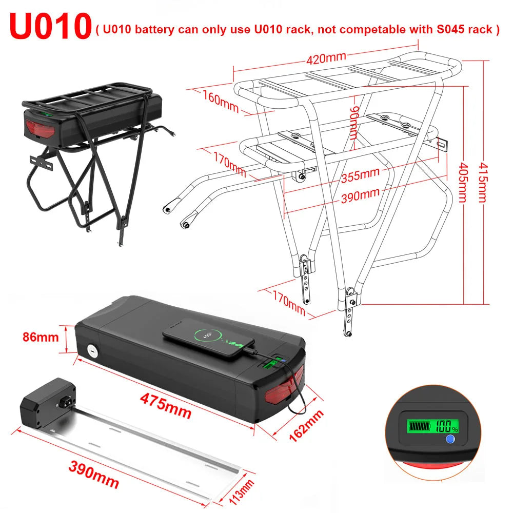 Rear Rack Ebike Battery 52V 48V 27Ah 20Ah Optional