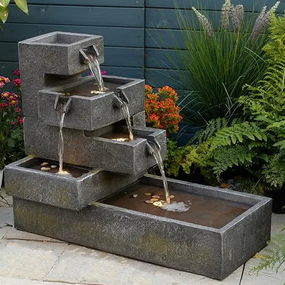 Tiered Outdoor Water Fountain For Garden And Indoor Use Freestanding Cascade Resin Concrete Modern Style With LED