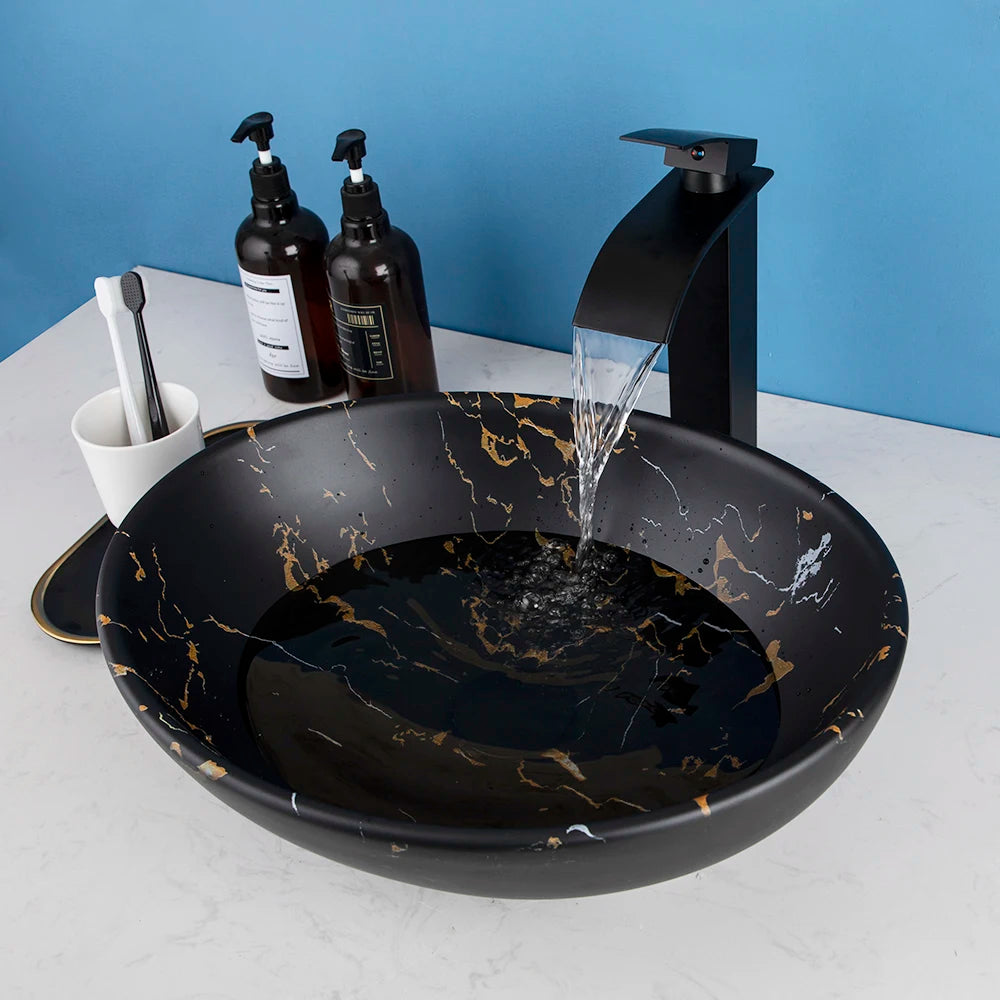 ZAPPO Marbling Rectangle Vessel Sink With Faucet Drain