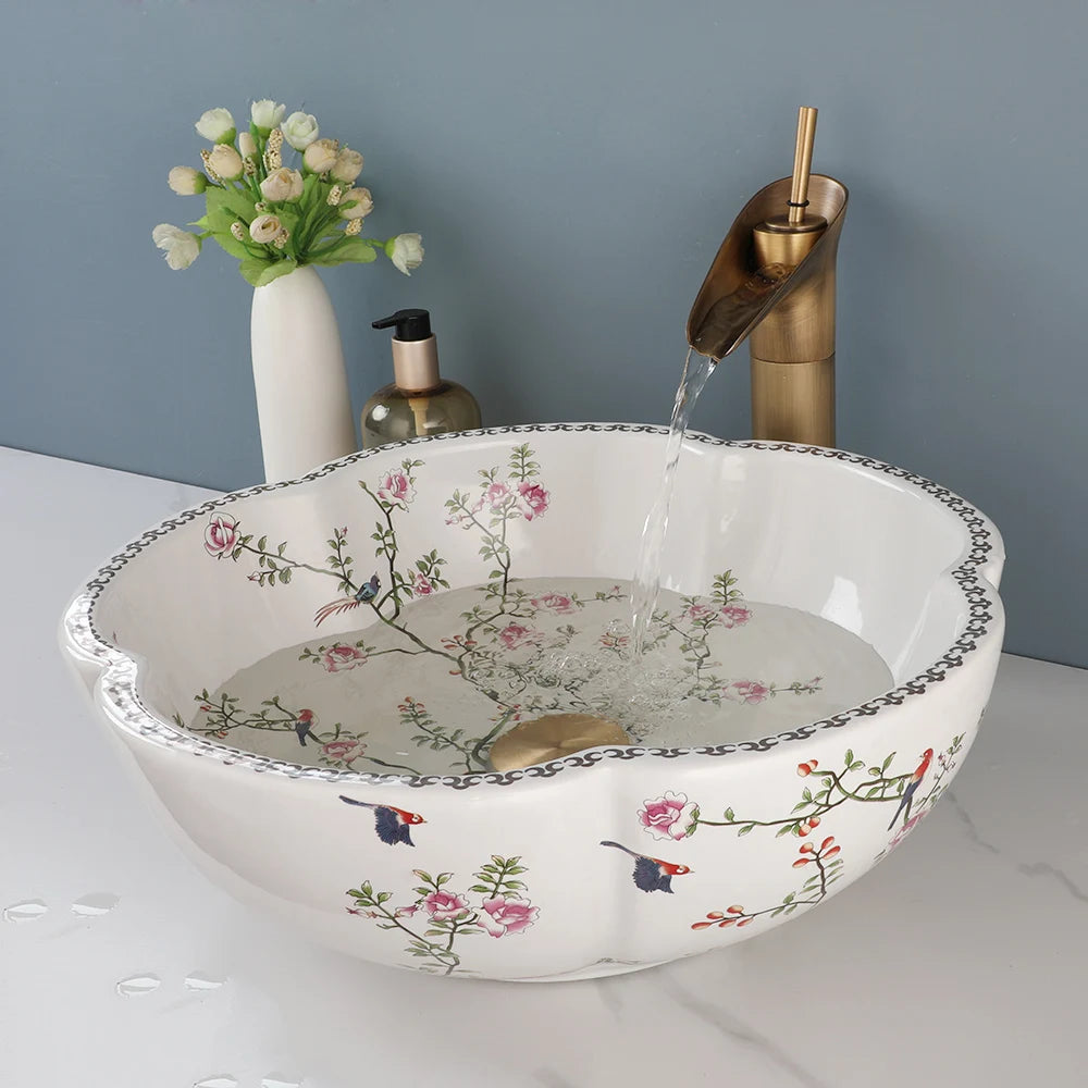 Jieni Art Ceramic Basin Set Blossoms Spring Brass Tap