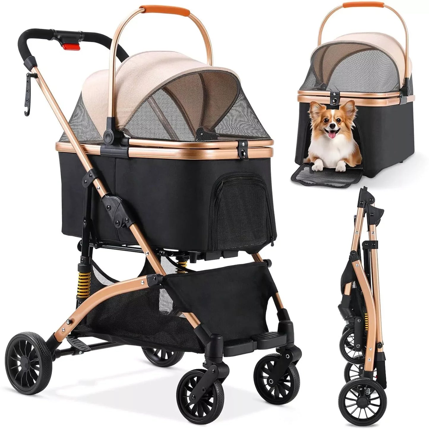Dog Buggy 2 in 1 Stroller for Small Dogs and Cats Foldable Transport with 360 Degree Wear Resistant Rubber Wheels and Storage Basket