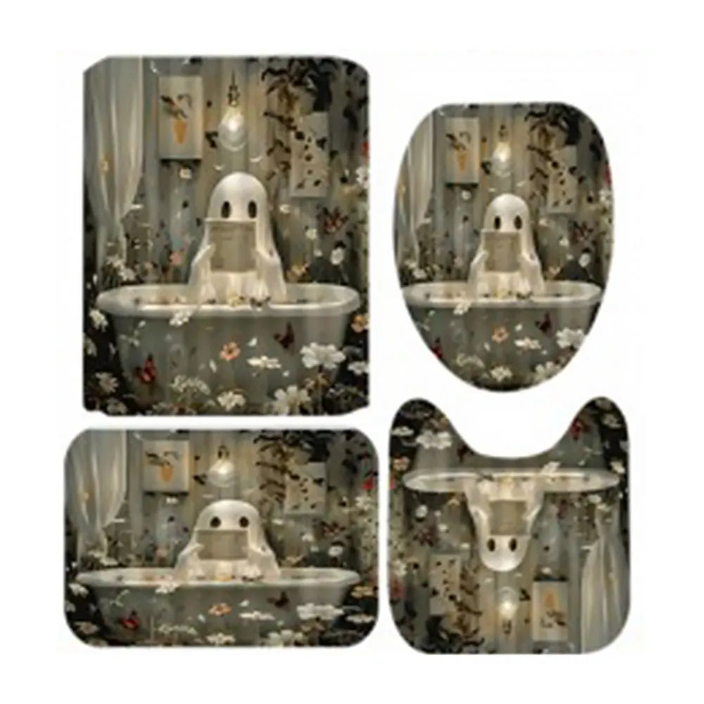 Cute Cartoon Ghost Shower Curtain Set Halloween Bath Decor