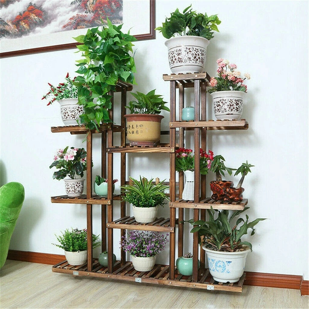UNHO 46 Inch Multi Tier Wood Plant Stand 9 Tier 16 Pot Flower Rack Indoor Outdoor for Patio Garden