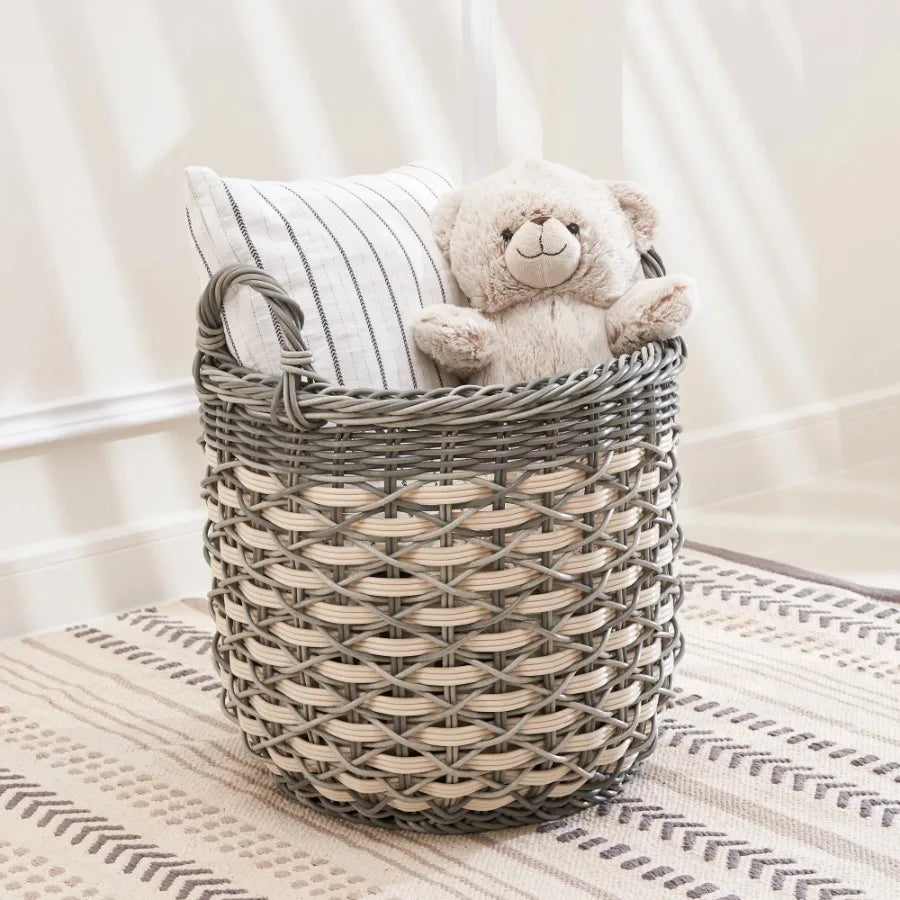 Zita Resin Woven Storage Basket With Handles White Gray