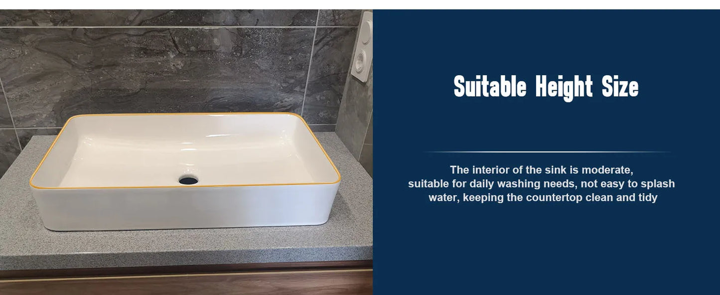 Ceramic Rectangular Sink 20x16 White Gold Rim Vessel