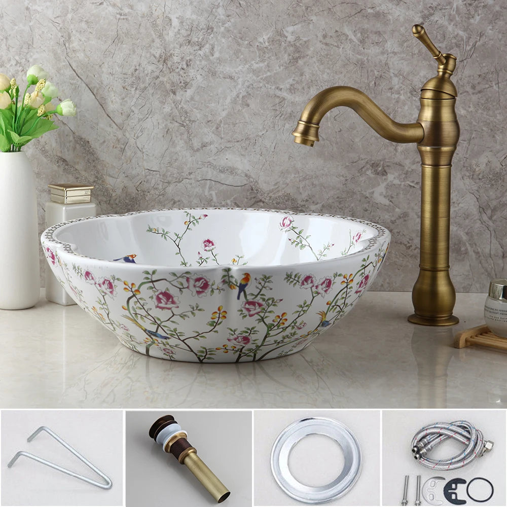 Jieni Art Ceramic Basin Set Blossoms Spring Brass Tap