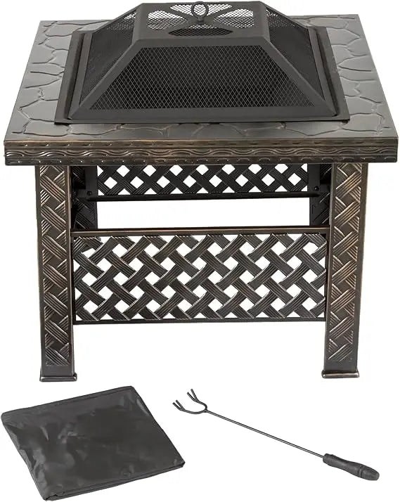 Fire Pit Set Wood Burning Spark Screen Outdoor Log Poker