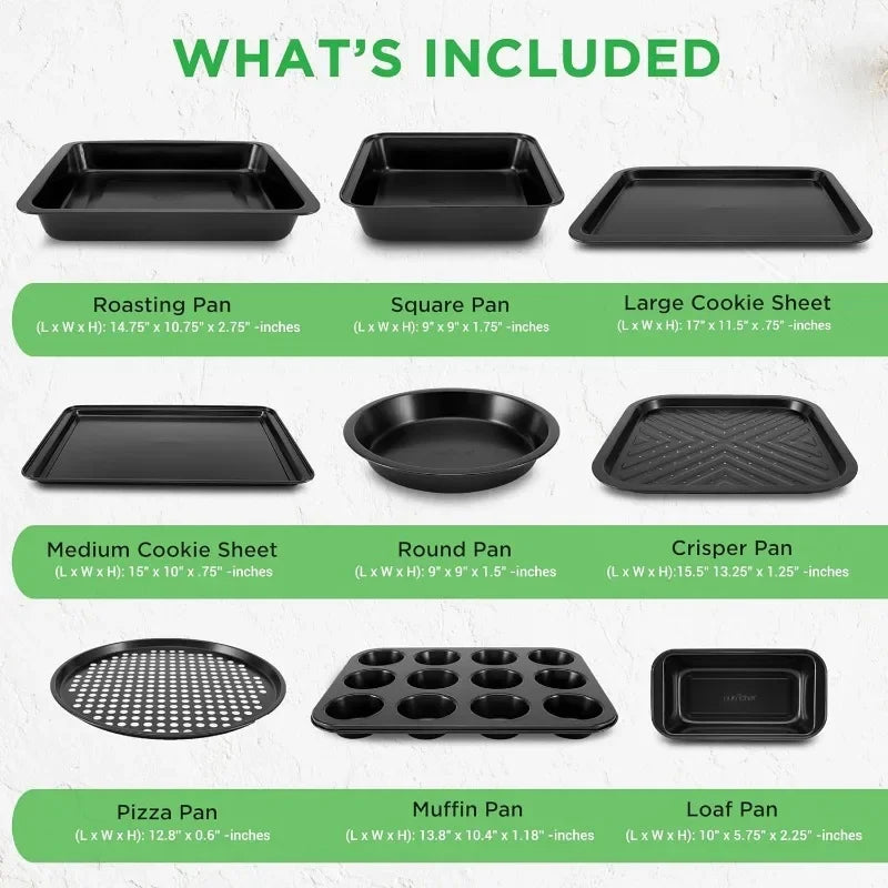 For Girls 10 Piece Non Stick Baking Pans Set Deluxe Carbon Steel Bakeware Set with Cookie Sheets Muffin Pan Roasting Pan Cake Pan Baking Tray Pizza Pan Easy to Clean Black