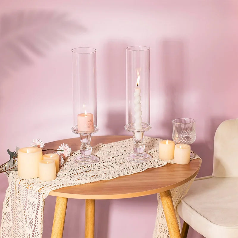 Clear Glass Hurricane Candle Holder Set of 2 13.8 Inch Tall Table Centerpiece Wedding Party Decor Christmas Halloween Decor