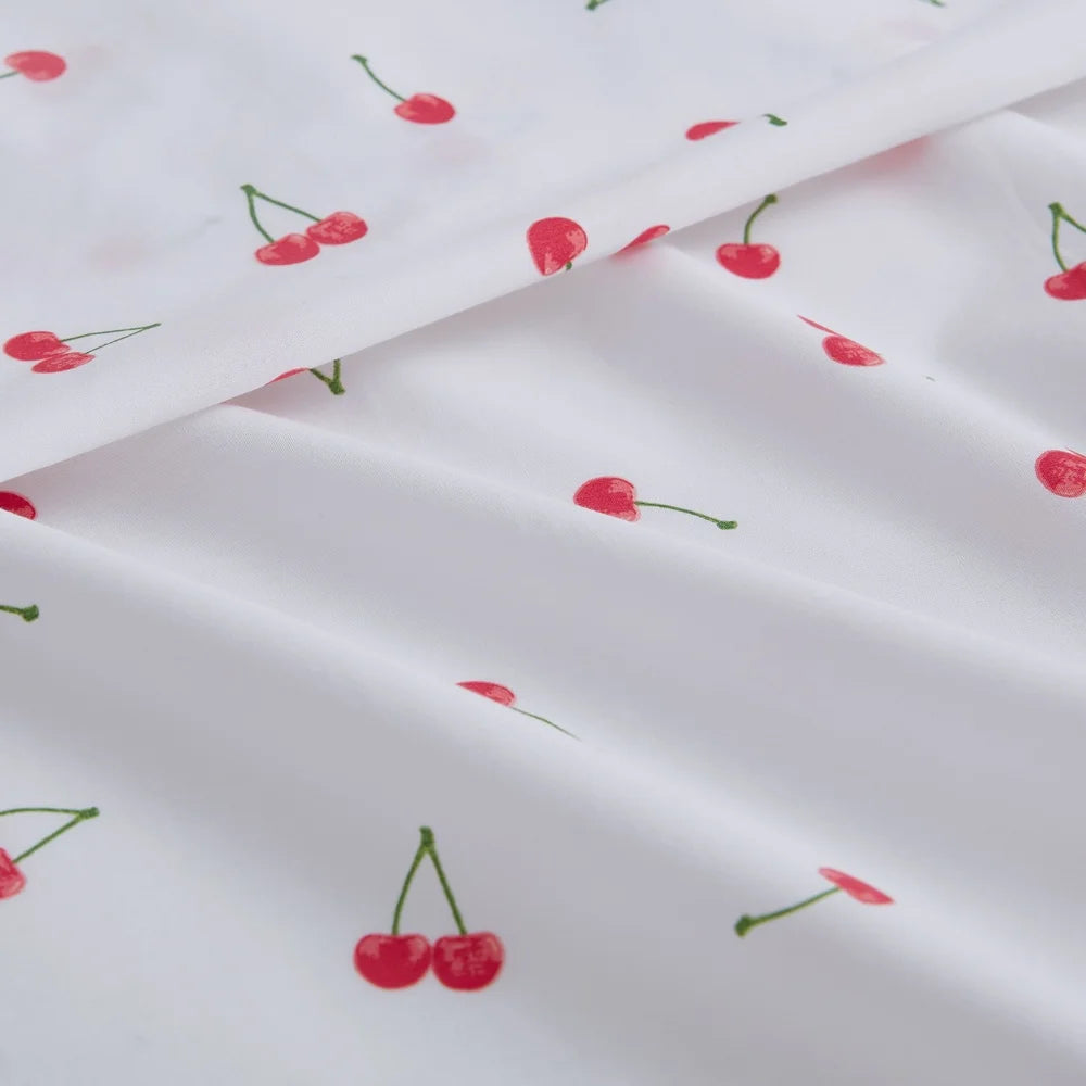 Cherries Cotton Percale Full Sheet Set Lightweight Breathable Fitted Flat Pillowcases Durable Elasticized Comfortable Bedding